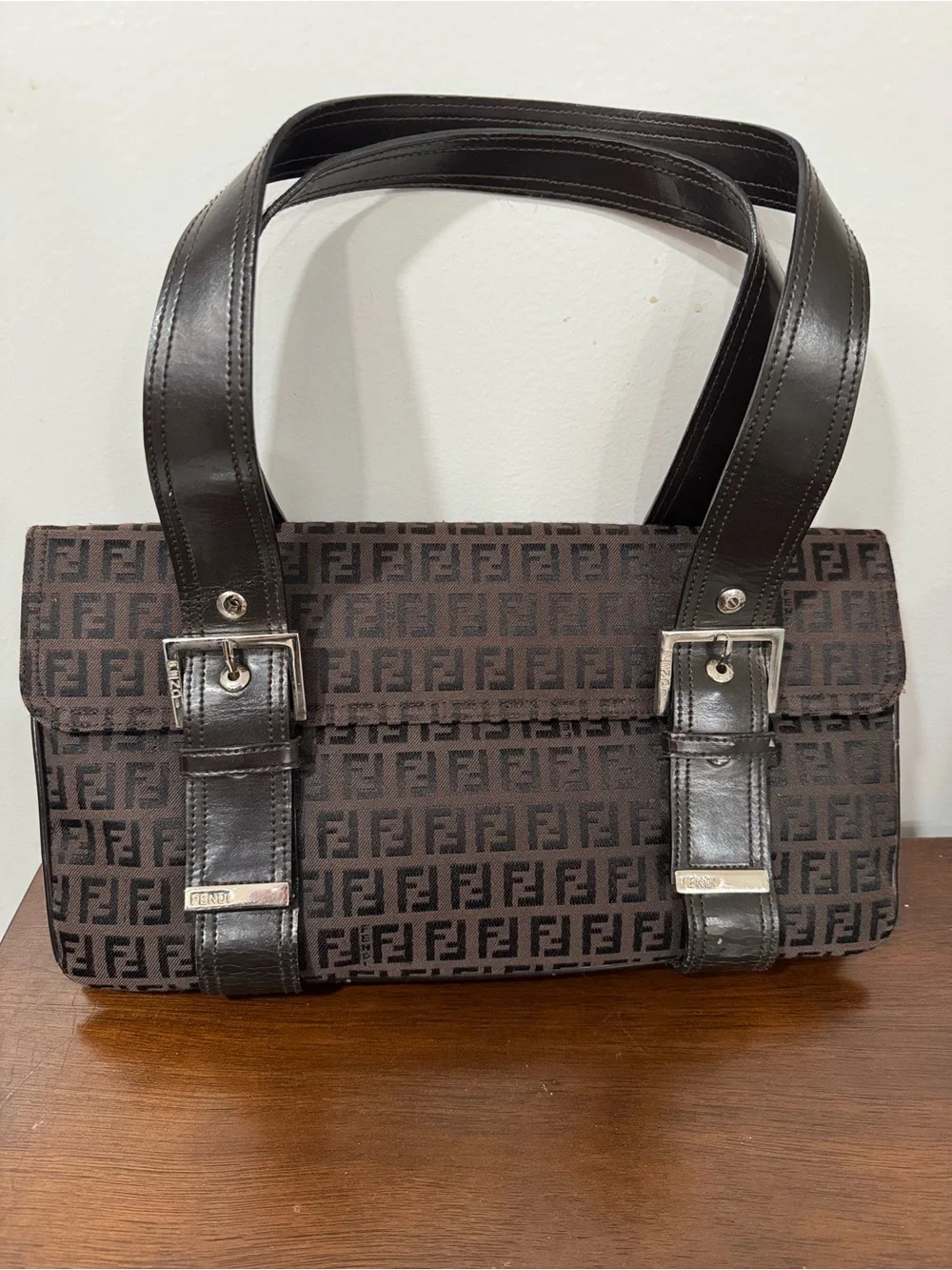 Fendi Brown FF Zucca Canvas Messenger Bag with Dark Brown Leather Trim
